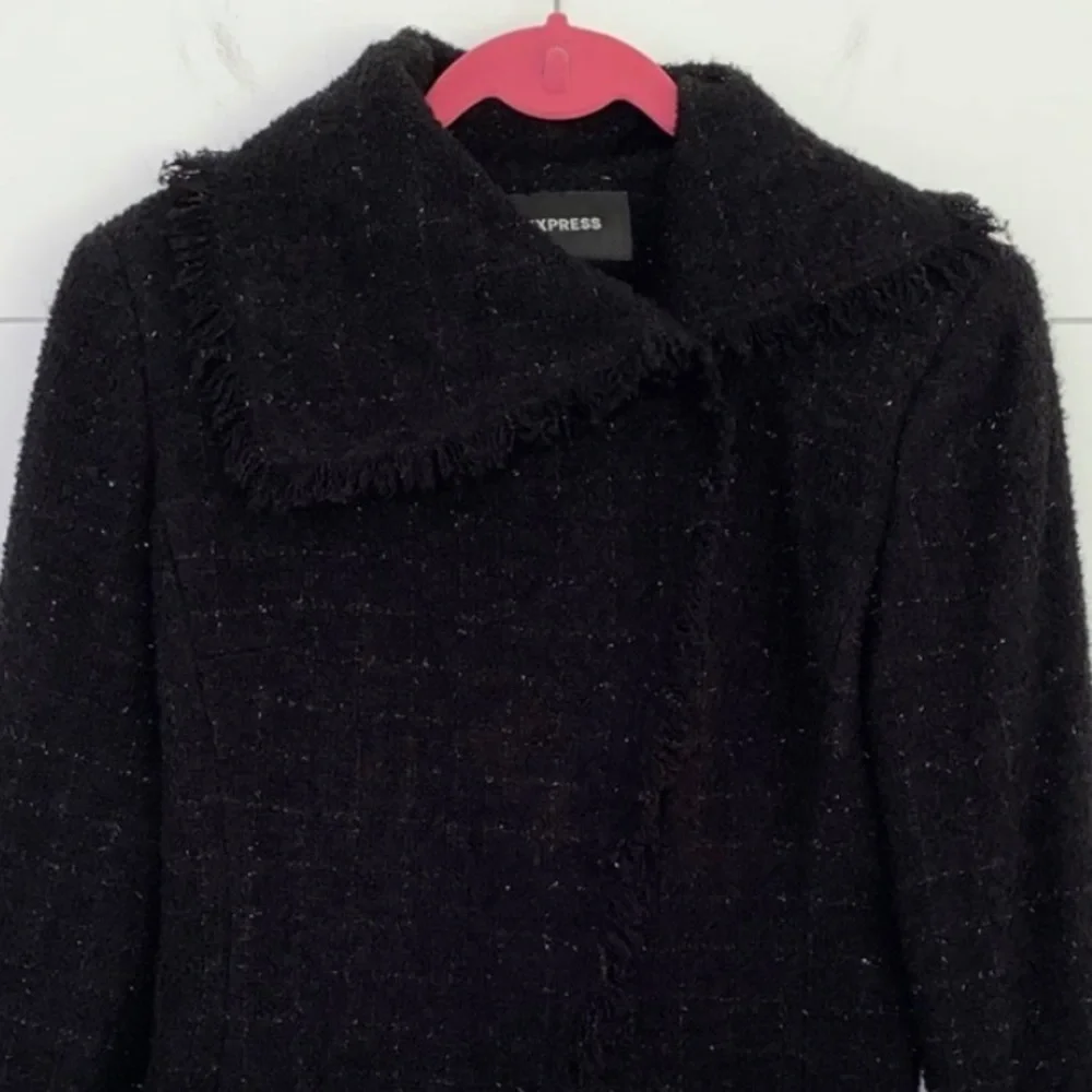 Express Wool Blend Boucle Fringe Trim Moto Jacket Black 5/6
